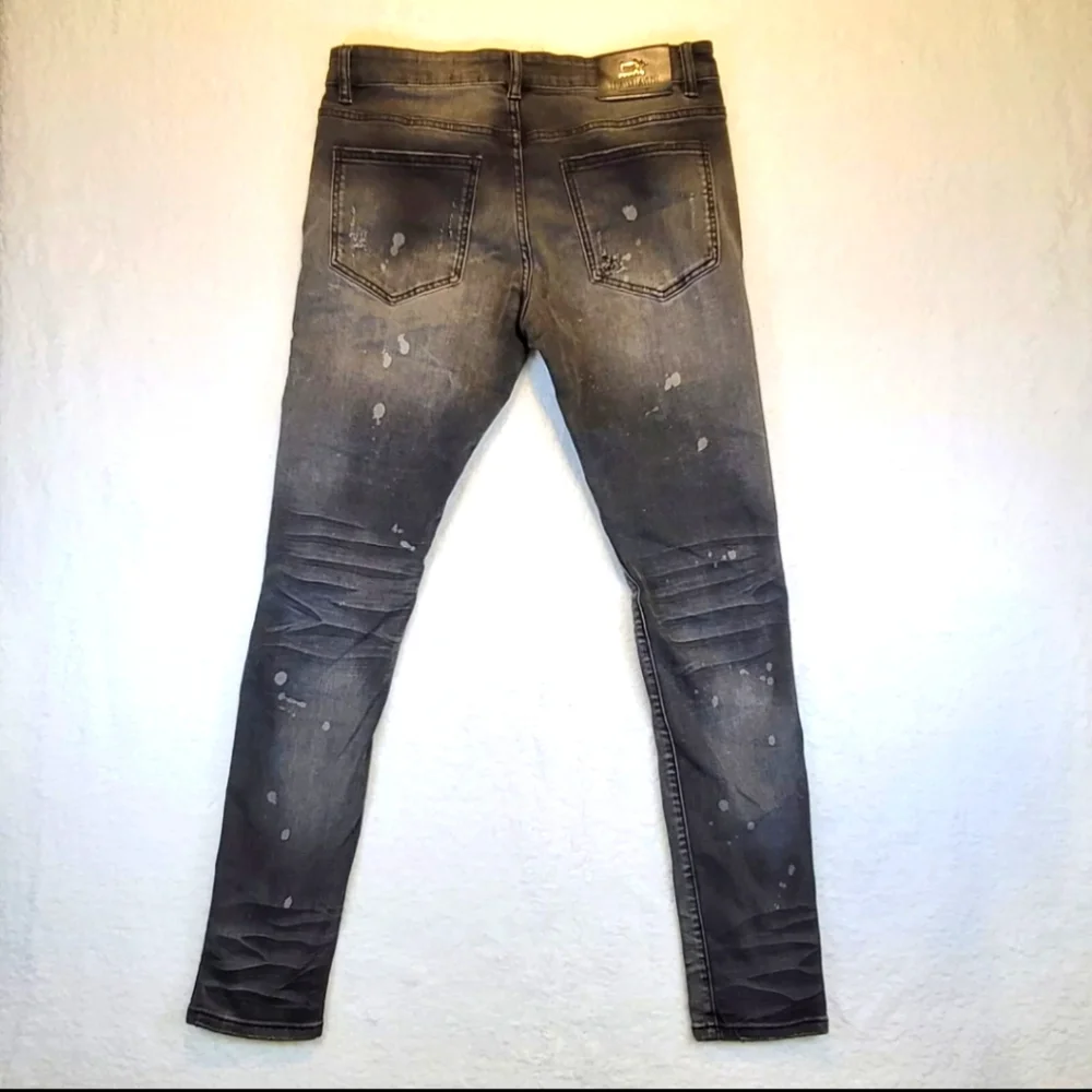 Damati Mens Skinny Moto Style Factory Distressed Black Denim Jeans Sz 36/32